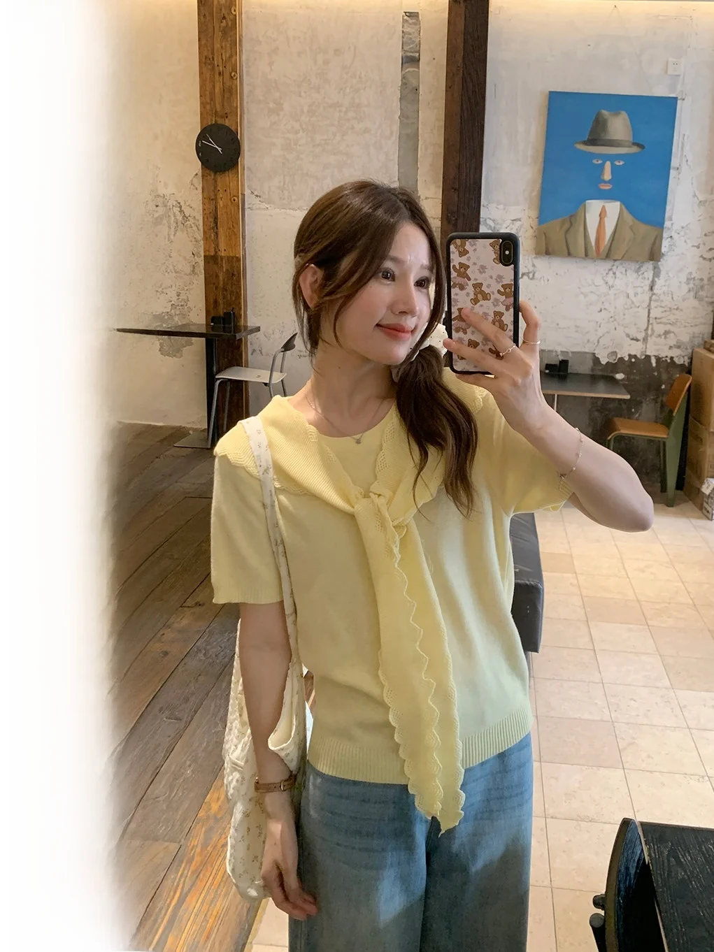 

Lush Knitted Short Sleeve Women's Top with Shoulder Wrap Gentle Korean Style round Neck Loose Fit Pure Color Casual Wear
