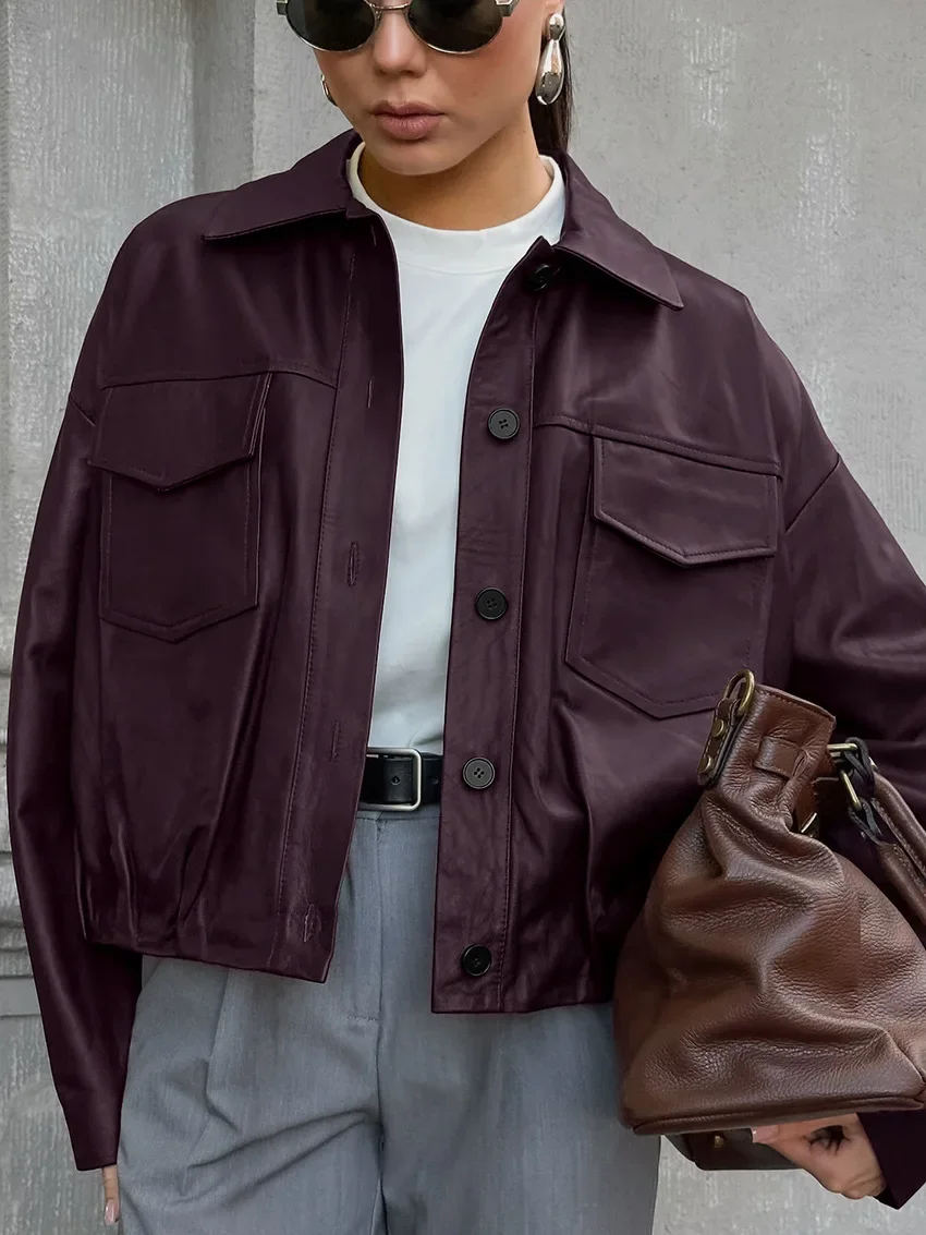 

Vintage Autumn Women Motorcycle Jacket Turn Down Collar Pocket Button Leather Coat Street Style Female Top New Lady