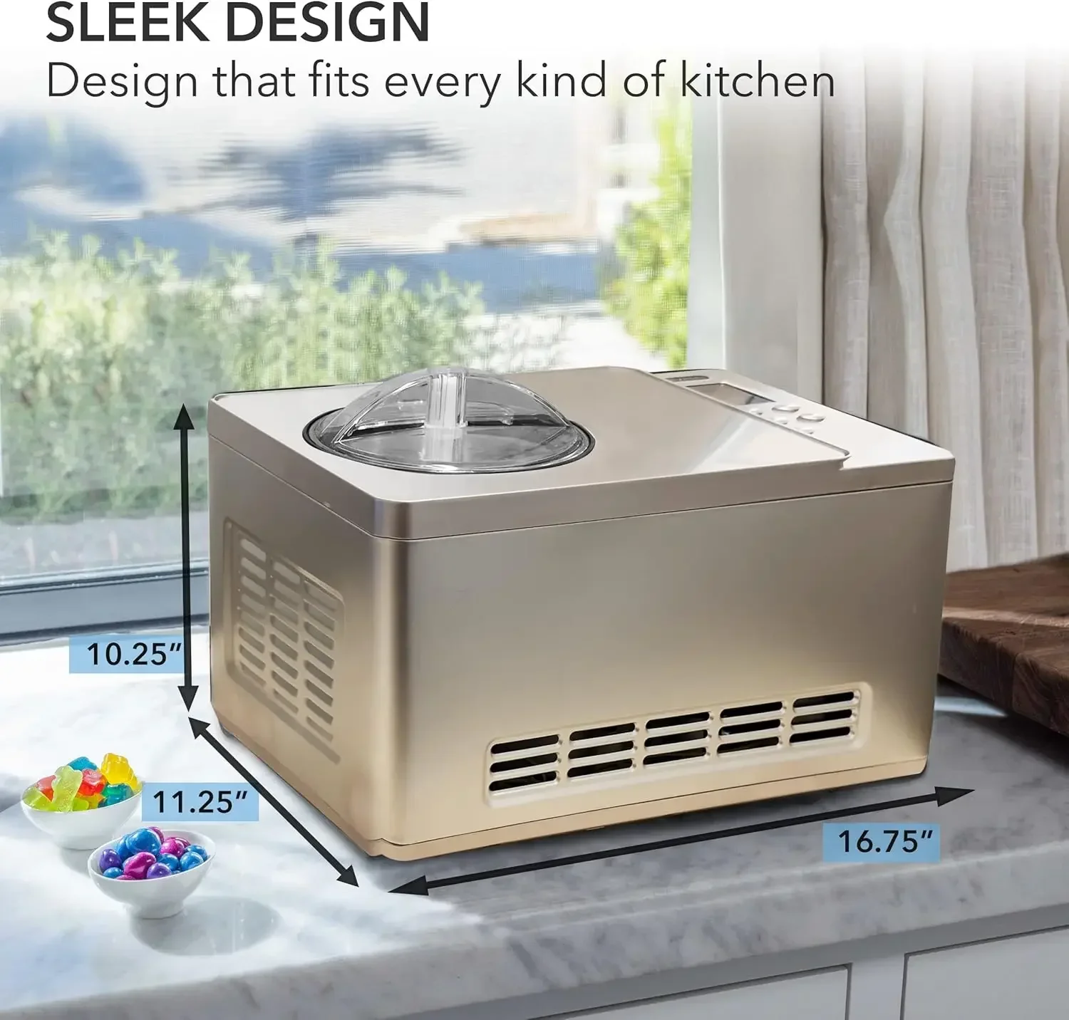 Ice Cream Maker Machine & Yogurt Automatic 2 Qt. with Built-in Compressor, LCD Digital Display & Timer220CGY, Champagne Gold