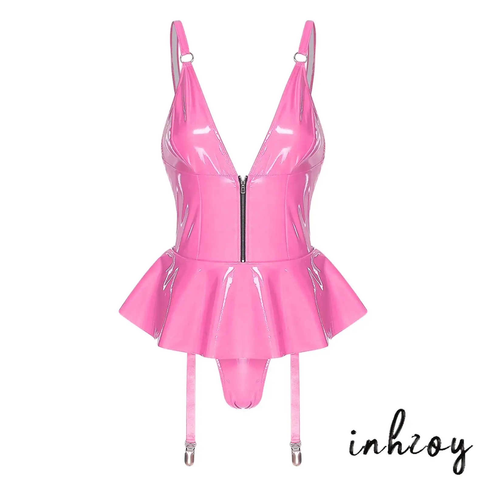

SEXY Glossy Mini Dress with V-Neck Lace-Up Back Built-in Garters And Briefs Wet Look Clubwear Womens Sultry Bold Tempting Dress