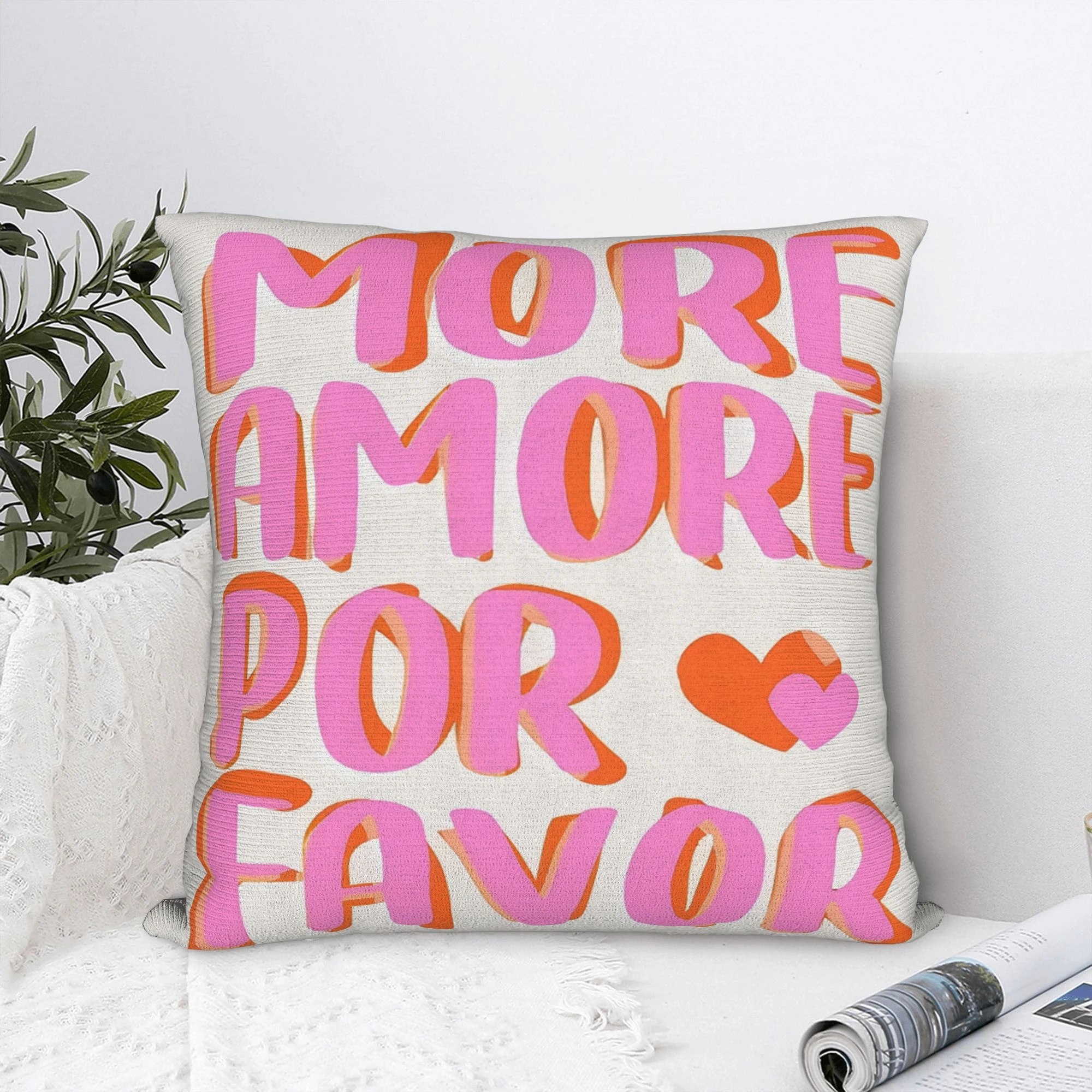 1pc Pink Orange Love Quote Pillow Cover, Polyester 2D Double Sided Print Cushion Case, More Amore Por Favor Throw Pillowcase, Br