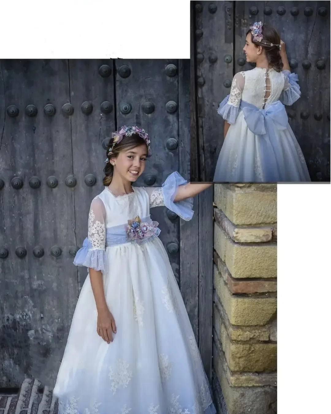 Vintage império princesa vestidos da menina de flor meia mangas rendas longo festa casamento aniversário vestido quadrado primeira comunhão vestido