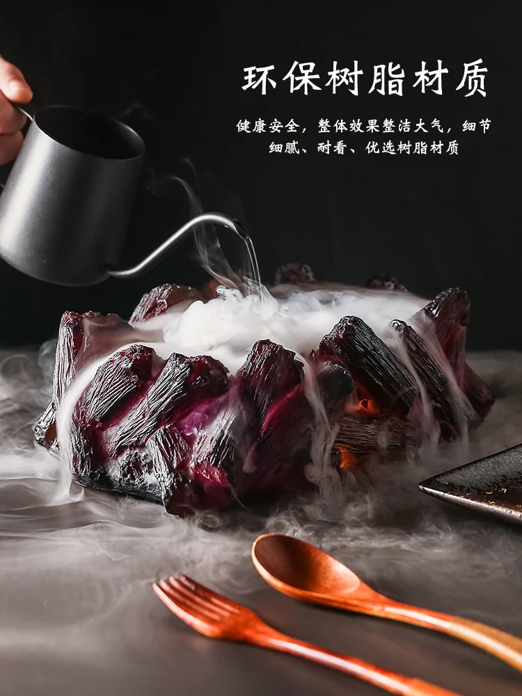 Creative Japanese barbecue plate Internet celebrity black volcano charcoal shape can put dry ice smoke artistic conception plate