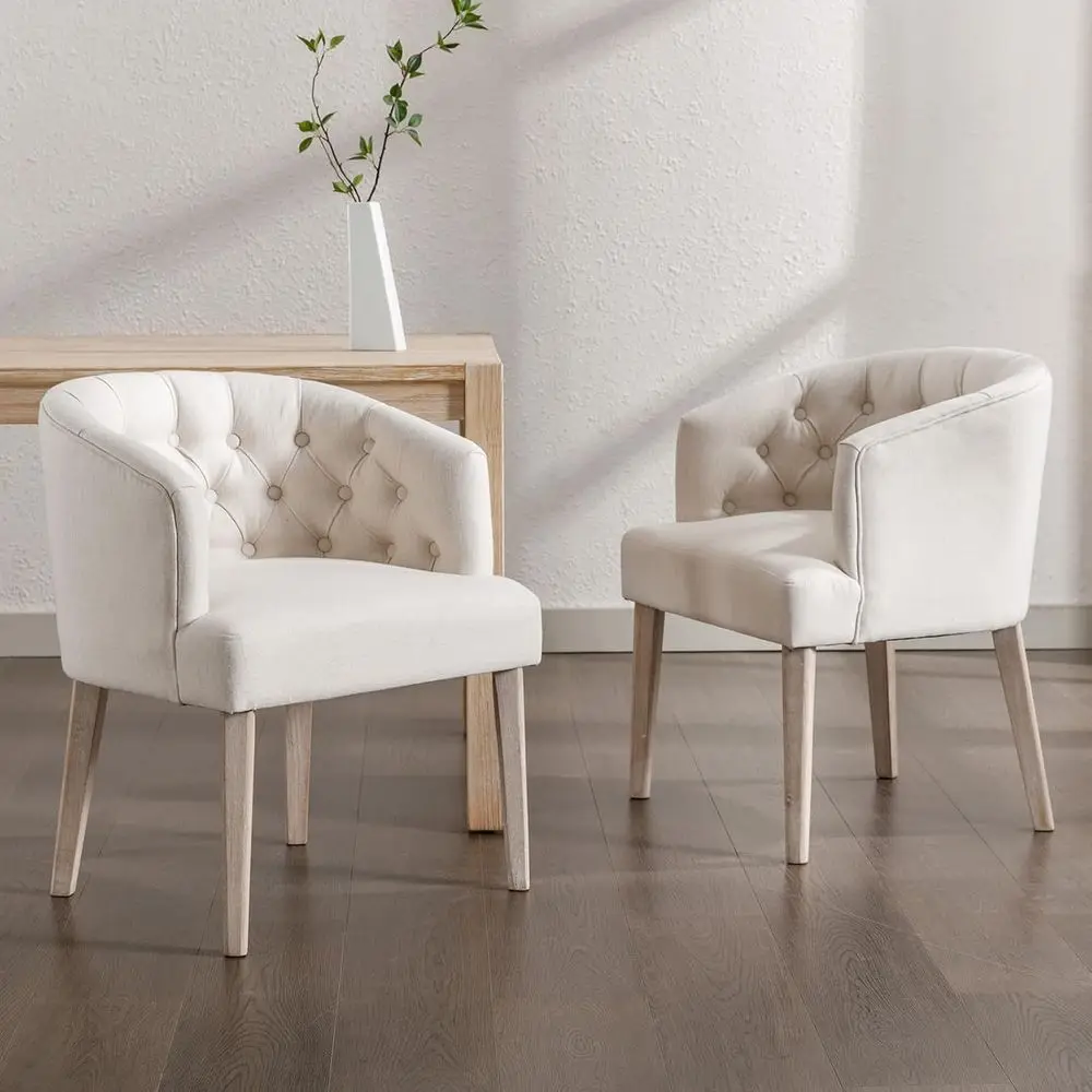 

Linen-Covered Side Chairs Set of 2, Comfortable Barrel Chairs with Wooden Legs for Home, Kitchen, Dining Room, and Living Room,
