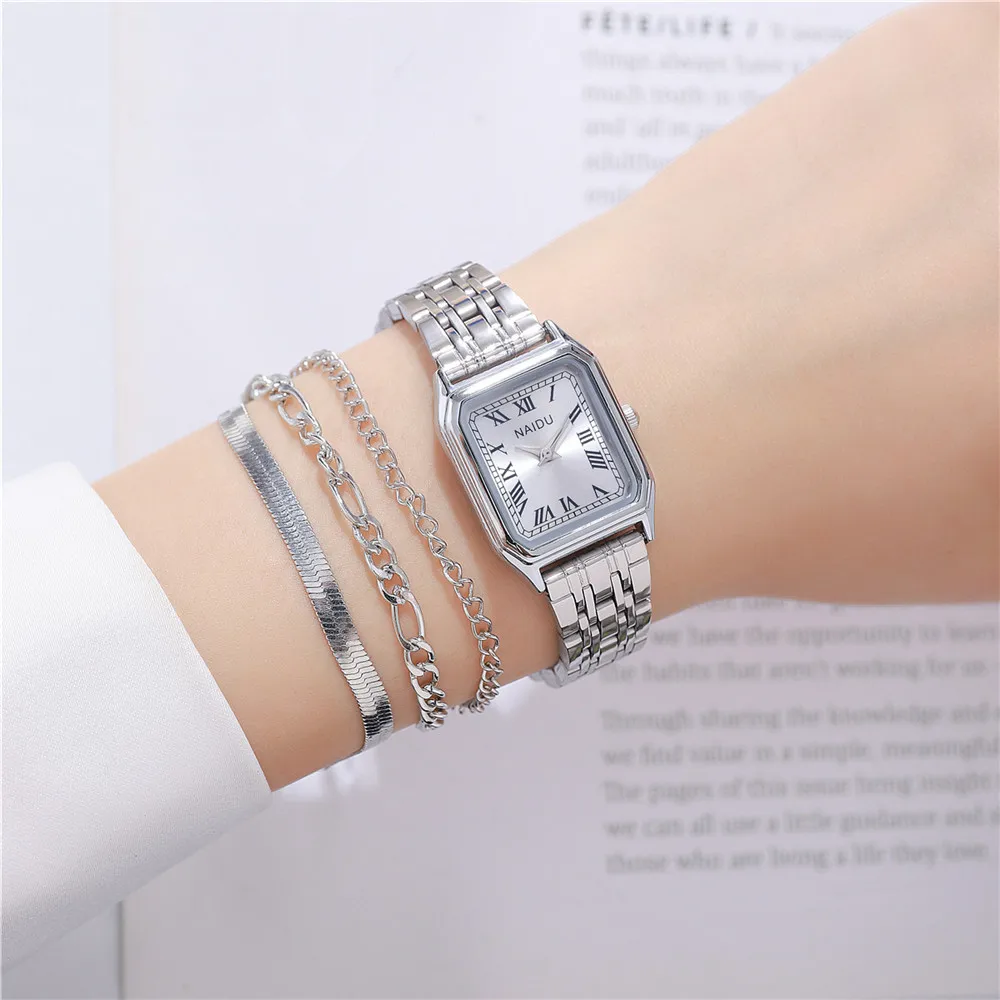 fashion silver steel rectangle women quartz watch