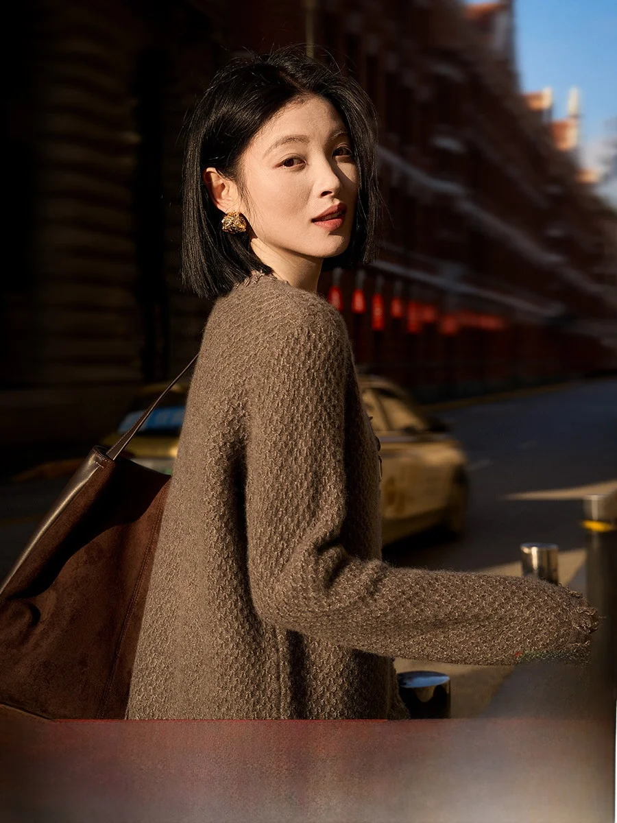 

XiaoHanGe Caramel Rose Knitted Cardigan Women's Camere Silk Fringe Long Sve Warm Regular Fit Pure Color OL Sle