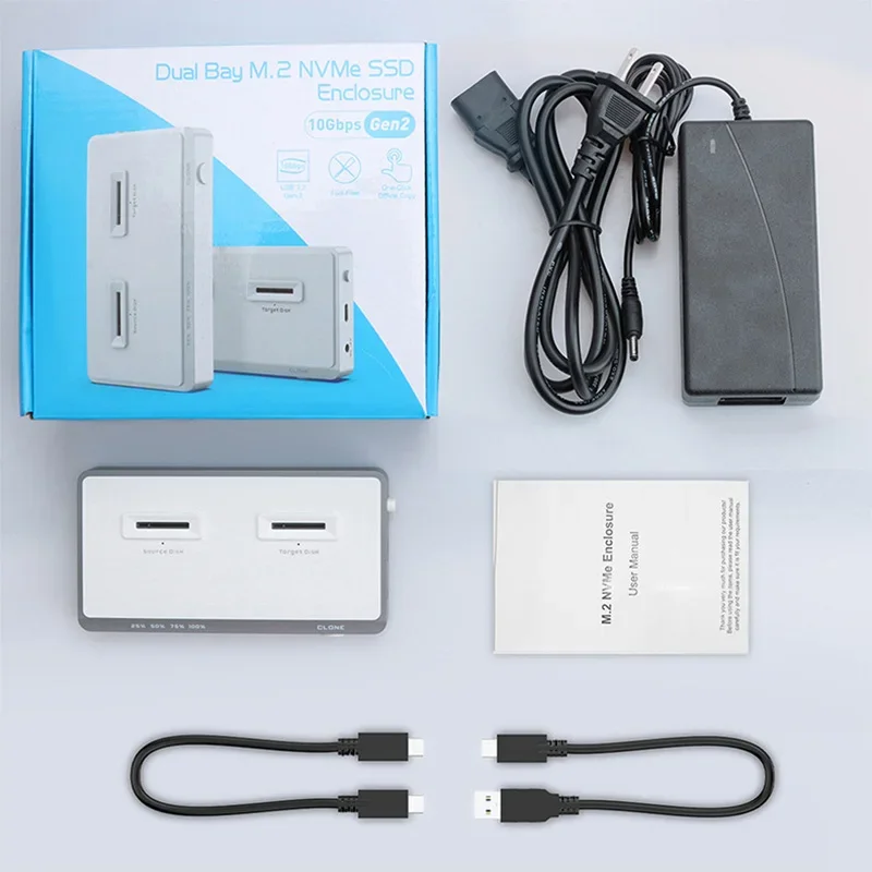 Hard Drive Cloning Enclosure One-Click Offline Cloning, Dual-Slot M.2 NVMe SSD External Enclosure, 10 Gbps, Supports 2×8 TB