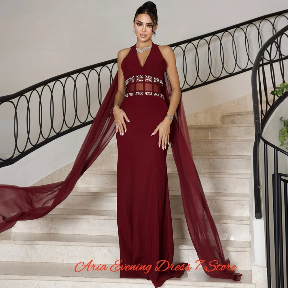 Vestidos De Noche sencillos De gasa color Burdeos, Vestido largo De sirena con cuello en V para graduación, Vestido De fiesta Watteau De cristal De alta calidad