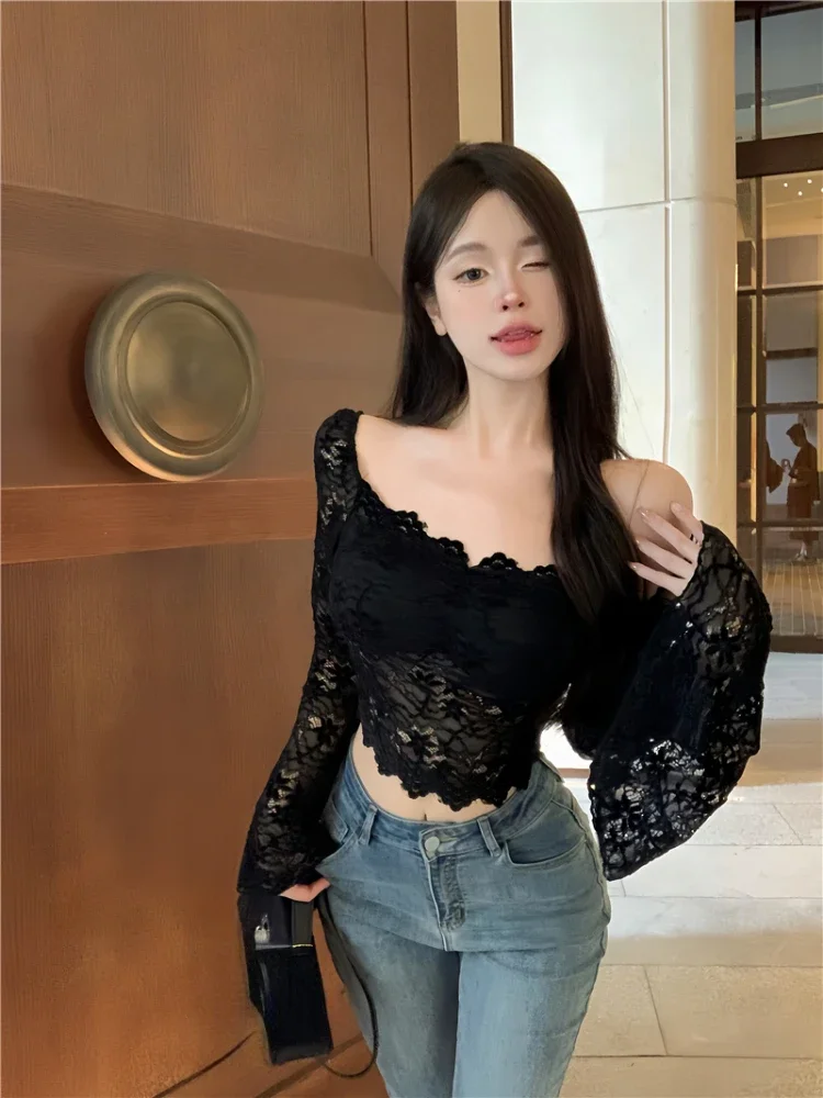 Sexy Crop Tops Slim Fit Lace Blouses for Women Temperament Shirts Slash Neck Fashion White Y2k Blouse 2024 Blusas Mujer De Moda