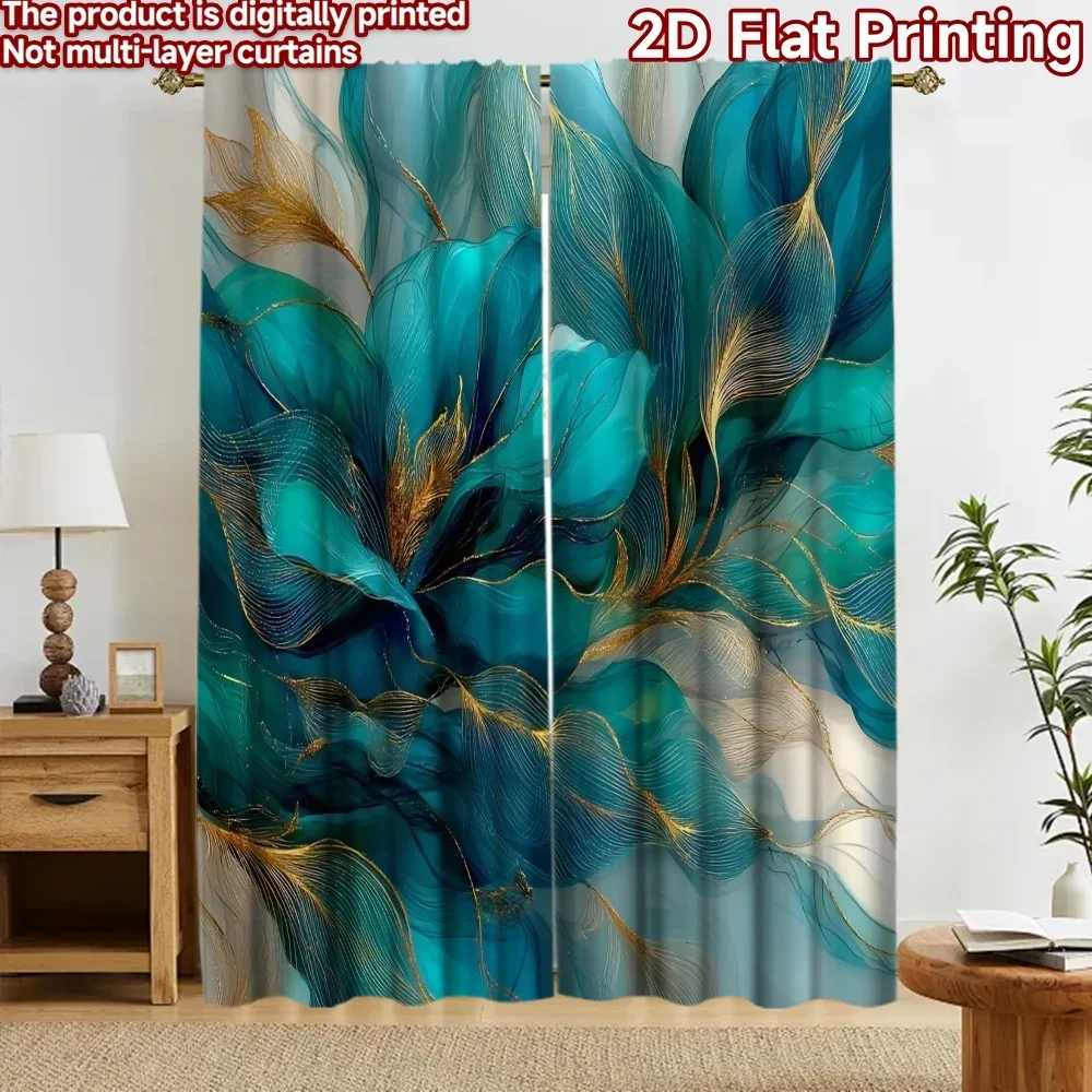 Luxury Abstract Teal Blue Botanical Leaf Pattern Curtains Pair Digital Print Window Drapes for Modern Living Room Home Decor Cur