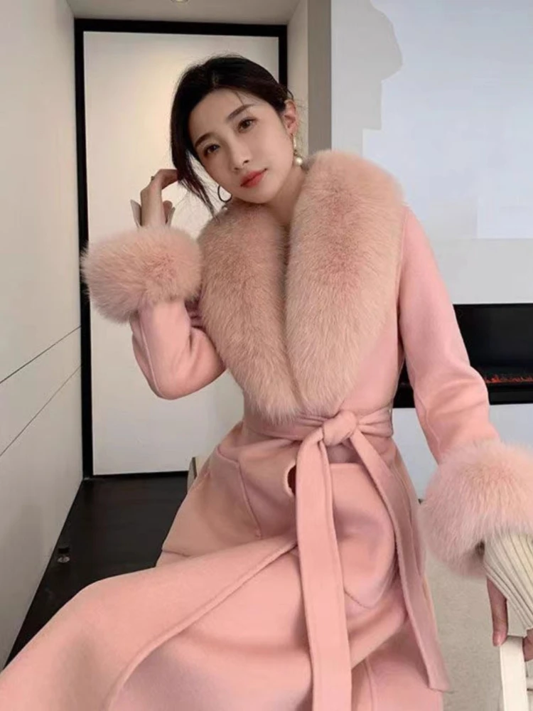 

Lace-Up Long Overcoat Women's Coat Office Lady Elegant Woolen Big Fur Collar Long Sleeve Jacket 2025 New Loose Cardigan Parkas