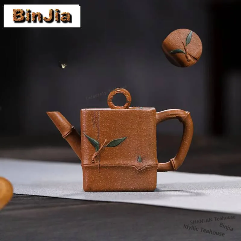 100ml Yixing Purple Clay Teapots Artists Handmade Square Bamboo Joint Pot Raw Ore Gold Downhill Mud Kettle Infuser Zisha Tea Set