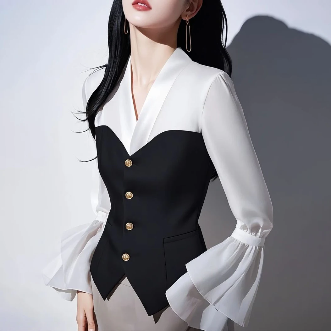 Elegant Contrast Patchwork Blouse Women Lapel V Neck Tiered Flare Sleeve Gold Buttons Fitted Business Office Shirt Tops