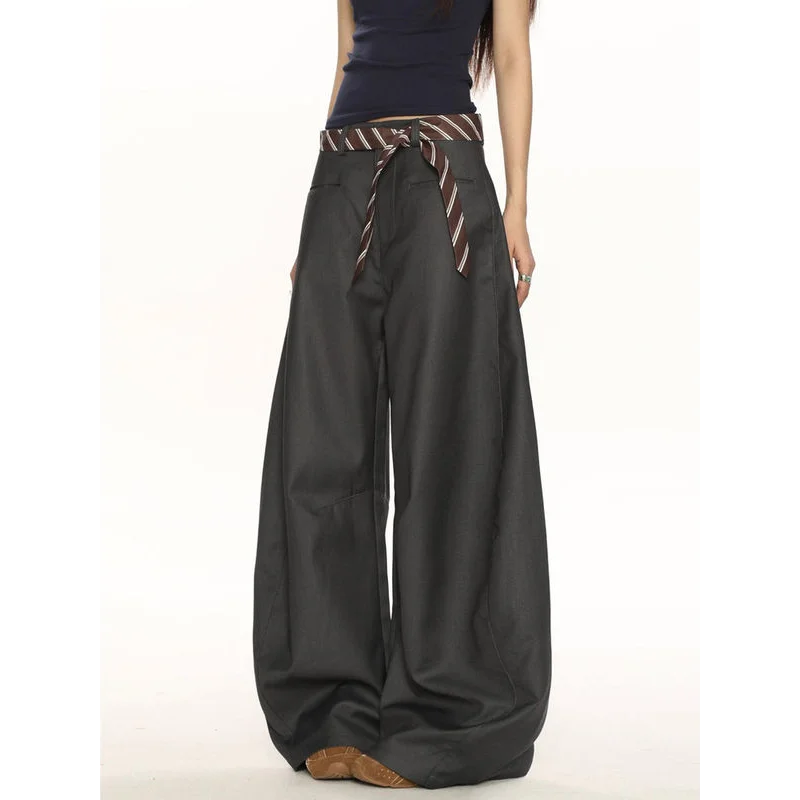 American Style High-end Casual Scimitar Trousers for Women with Niche Design Versatile Draped Wide-leg Floor Trousers