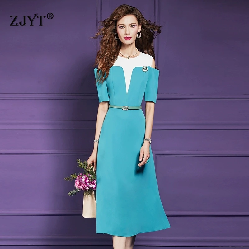 

ZJYT Women's Elegant Off The Shoulder Dresses Summer New Office Work Wear Short Sleeve Plus Size Female Clothing Party Vestidos