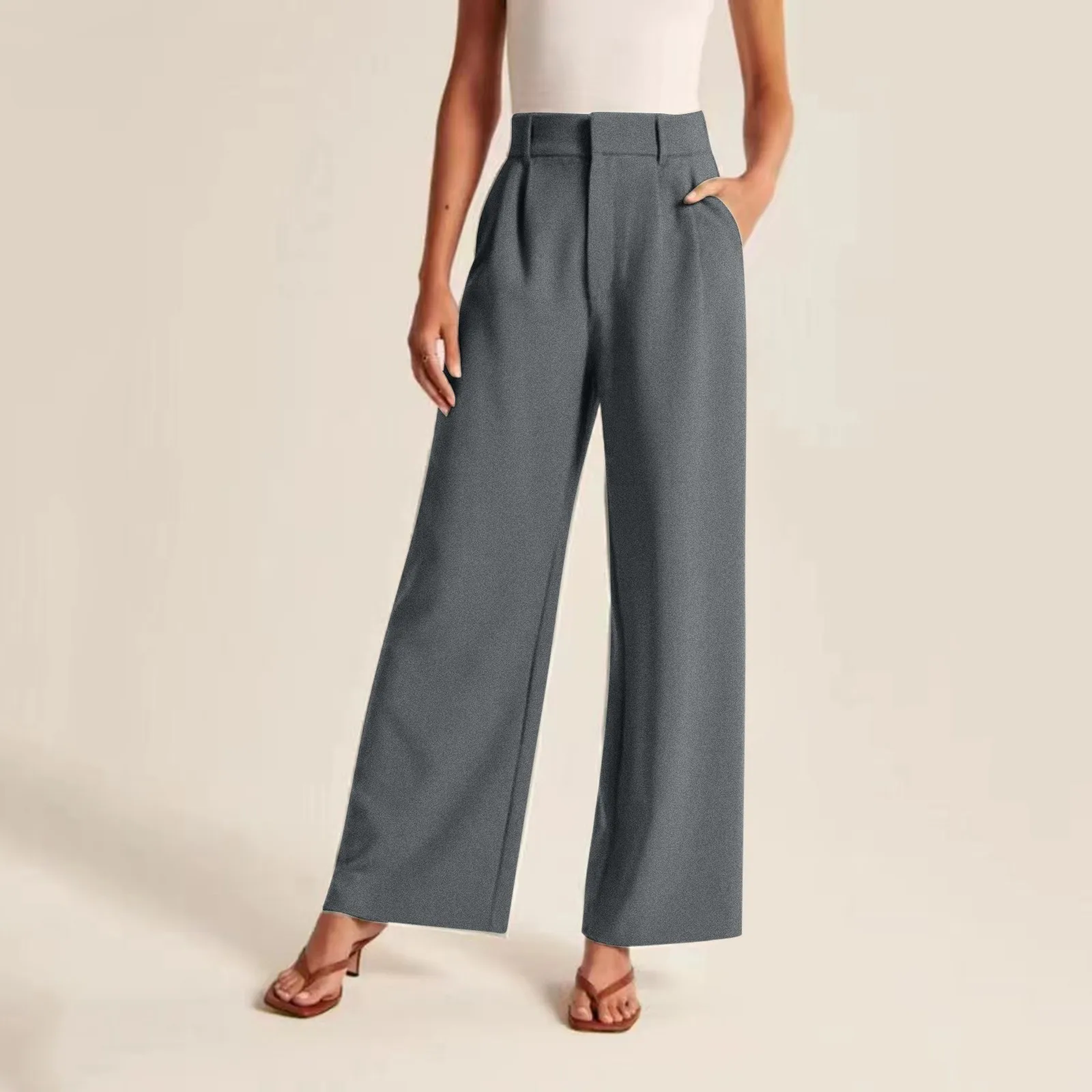 Pantaloni Casual da donna a gamba larga da ufficio da donna a vita alta da lavoro tinta unita su misura Button Down pantaloni semplici coreani con