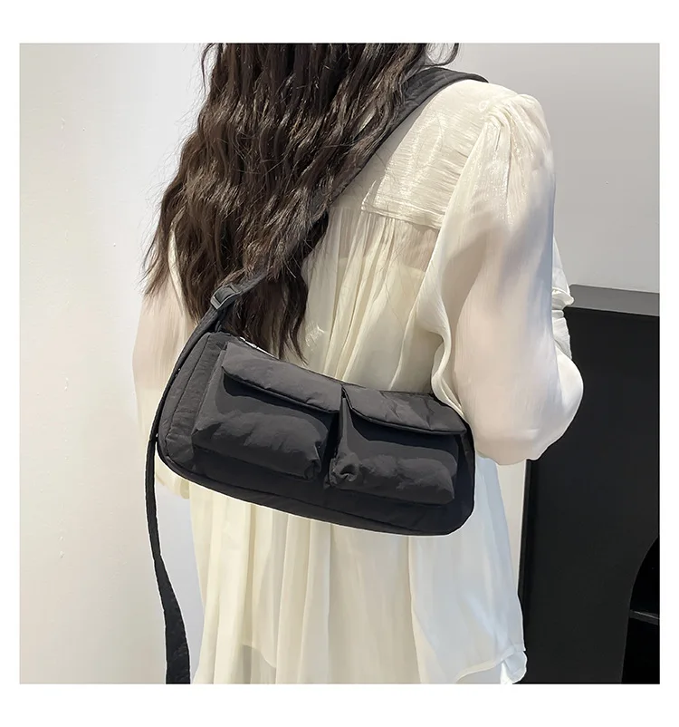 Women Casual Shoulder Bag Solid Color Simple Messenger Hobos Large Capacity Nylon Crossbody Zipper Closure for Party Vacation