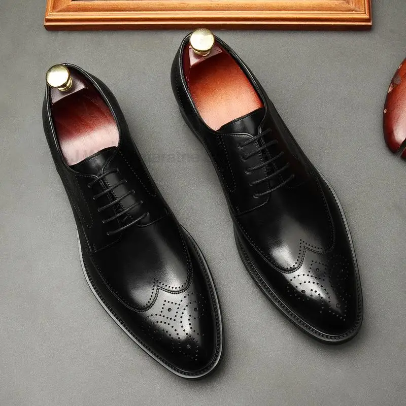 HKDQ Size 38 To 46 Men Oxford Shoes Wingtip Genuine Calf Leather Luxury Brand Lace Up Business Office Brogue Dress Shoes For Men