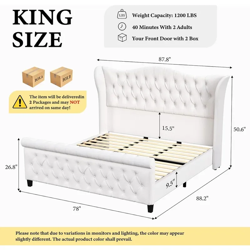 King Size Bed Frame Chenille Upholstered Sleigh Bed with Scroll Wingback Headboard Footboard Luxury Soft Button Tufted Modern