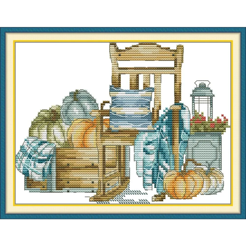 Kit de broderie pré-imprimé, tissu Aida estampé avec fils DMC, kit de broderie - Citrouilles et chaises