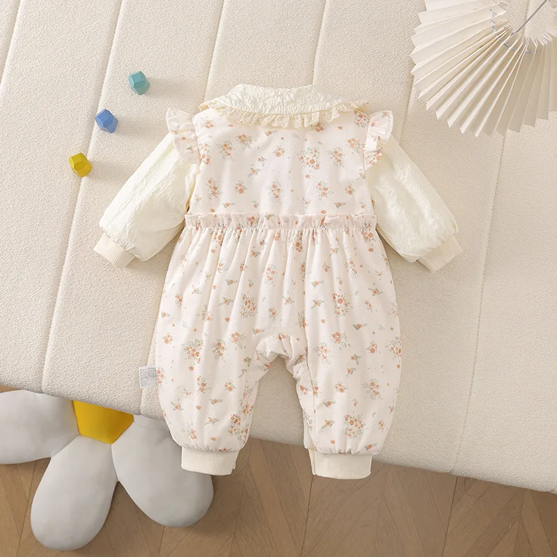 2026 Winter Baby Girl Floral Romper 0-2Y Infant Long Sleeve Lace Ruffle Collar Jumpsuit Warm Toddler Outdoor Wear