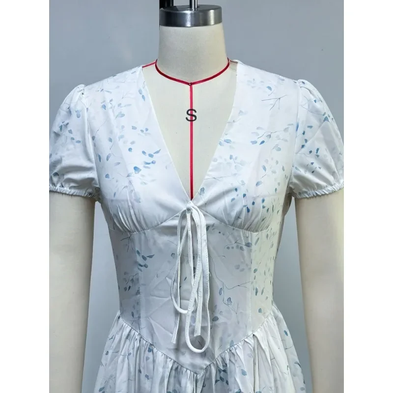 Lange Jurken Vrouwen Sexy V-hals Bloemenprint Korte Mouw Zoete Jurk Elegante Nieuwe Street Wear Groothandel Dropshipping 2025