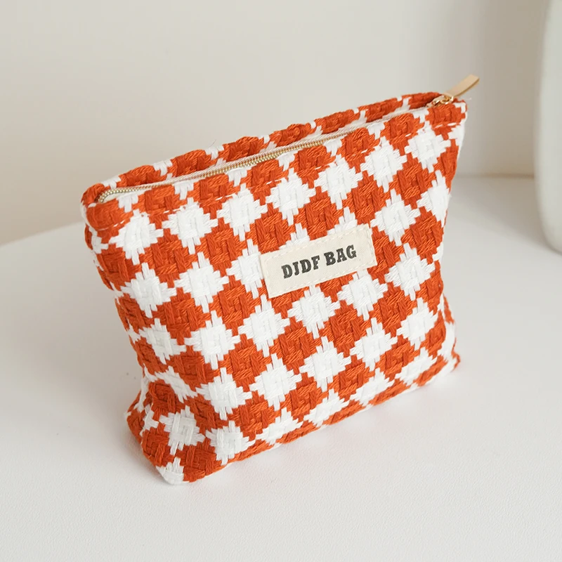 DJDF Orange Plaid Women\'s Cosmetic Bag Small Double Canvas Portable Zipper Lipstick Storage Bag Commuter Coin Purse Card Holder