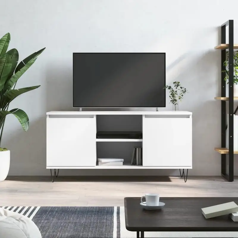 vidaXL Meuble TV blanc 104x35x50 cm en bois d'ingénierie avec pieds en fer et compartiments de rangement pour l'organisation des médias