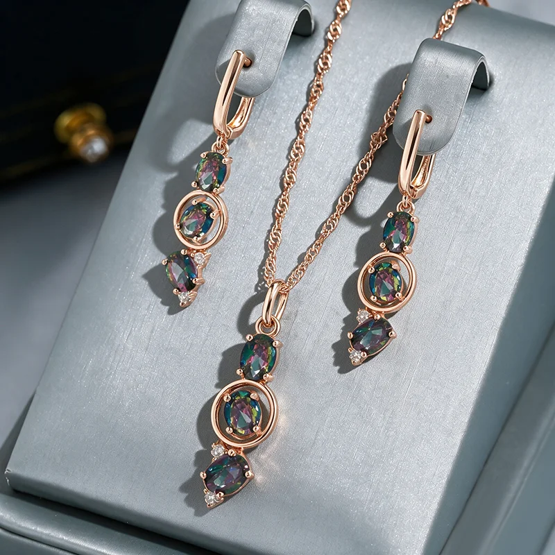 Wbmqda Luxuriöse 44*9mm Bunte Lange Hängeohrringe für Damen 585 Roségoldfarben Einzigartige Hochzeits-Party-Schmucksets