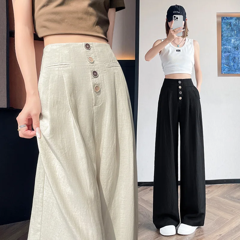 2026 Summer New Linen Wide Leg Pants For Women Thin High Waist Ice Silk Loose Floor Length Trousers Casual Pants