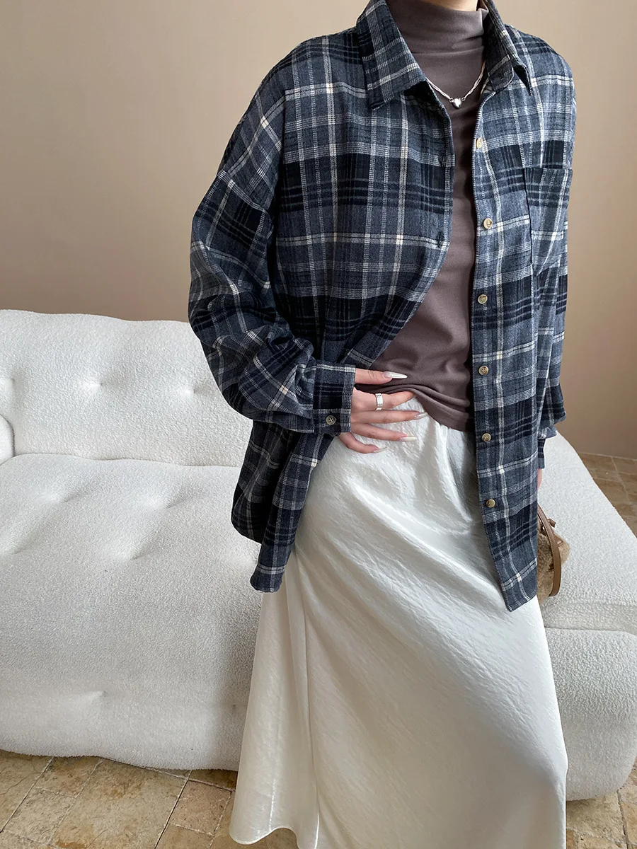 Amerikaans lui casual revers los en veelzijdig geruit overhemd met lange mouwen