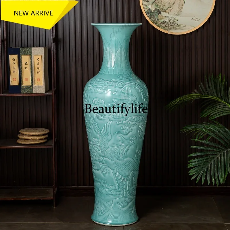 E153 Jingdezhen ceramics sapphire glaze hand-painted new Chinese floor-to-ceiling vase celadon ornament