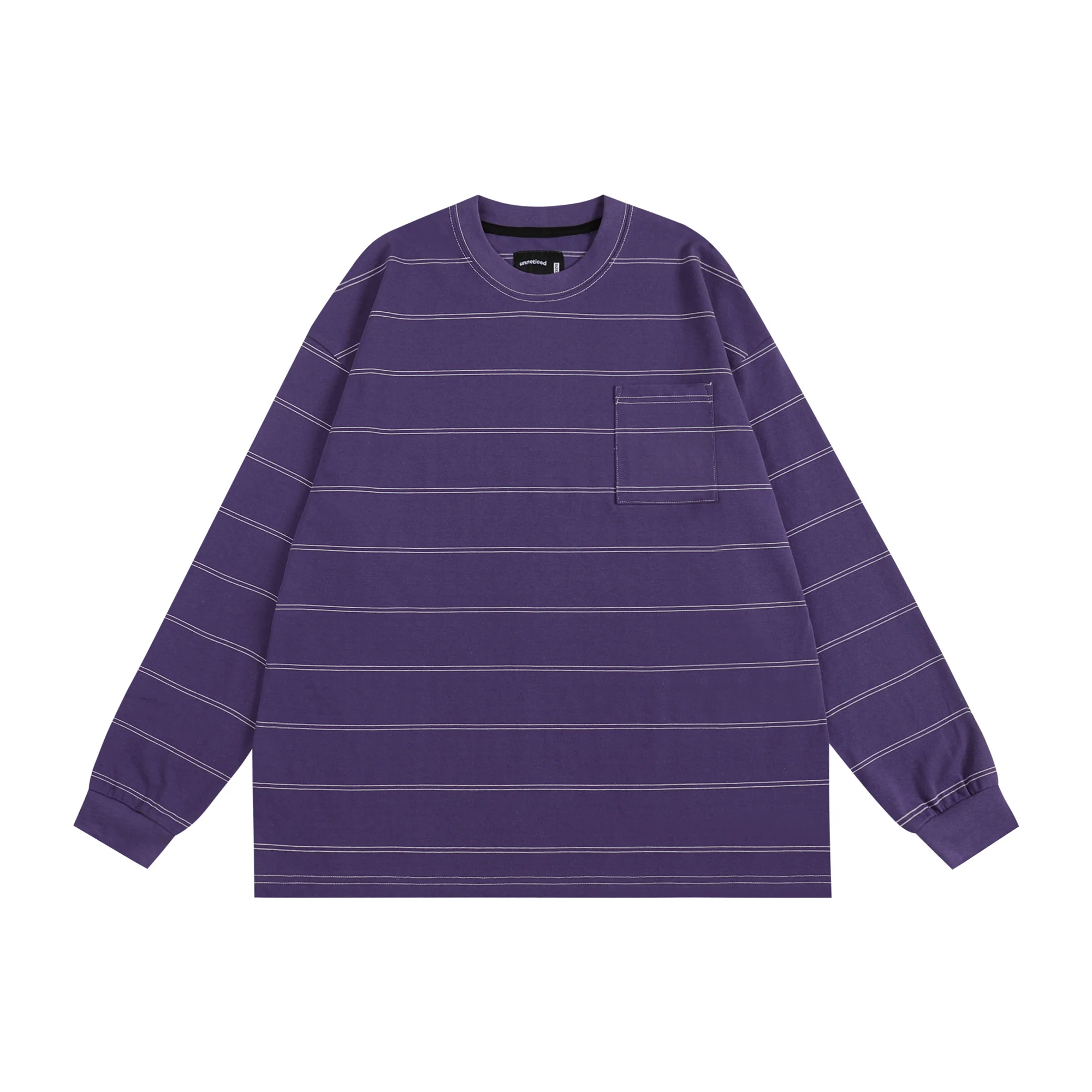 Low Saturation Purple Striped Long Sleeve T-Shirt Washed Loose Base Shirt Japanese Style Vintage 280g Cotton Polyester Blend