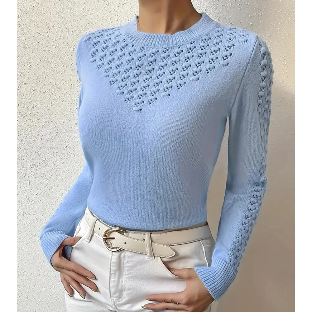 

Long Sleeve Top Elegant Pullover Knitwear Basic Crochet Knit Classic Style Top Comfortable Fit Daily Casual Fashion