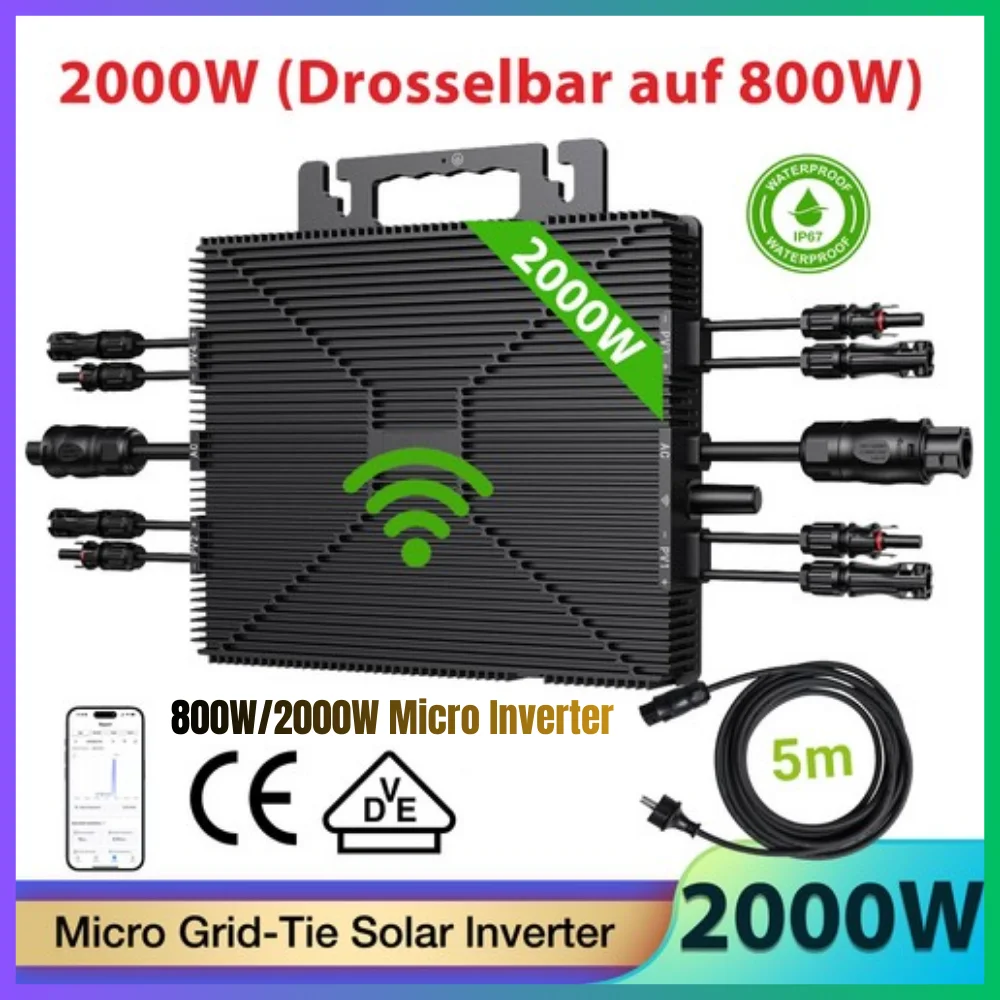 800W/2000W Micro Inverter 230V 50Hz Grid-Tied, MPPT 25-55V, IP67 Waterproof, WiFi, Solarman Monitoring, Pure Sine, EU Plug