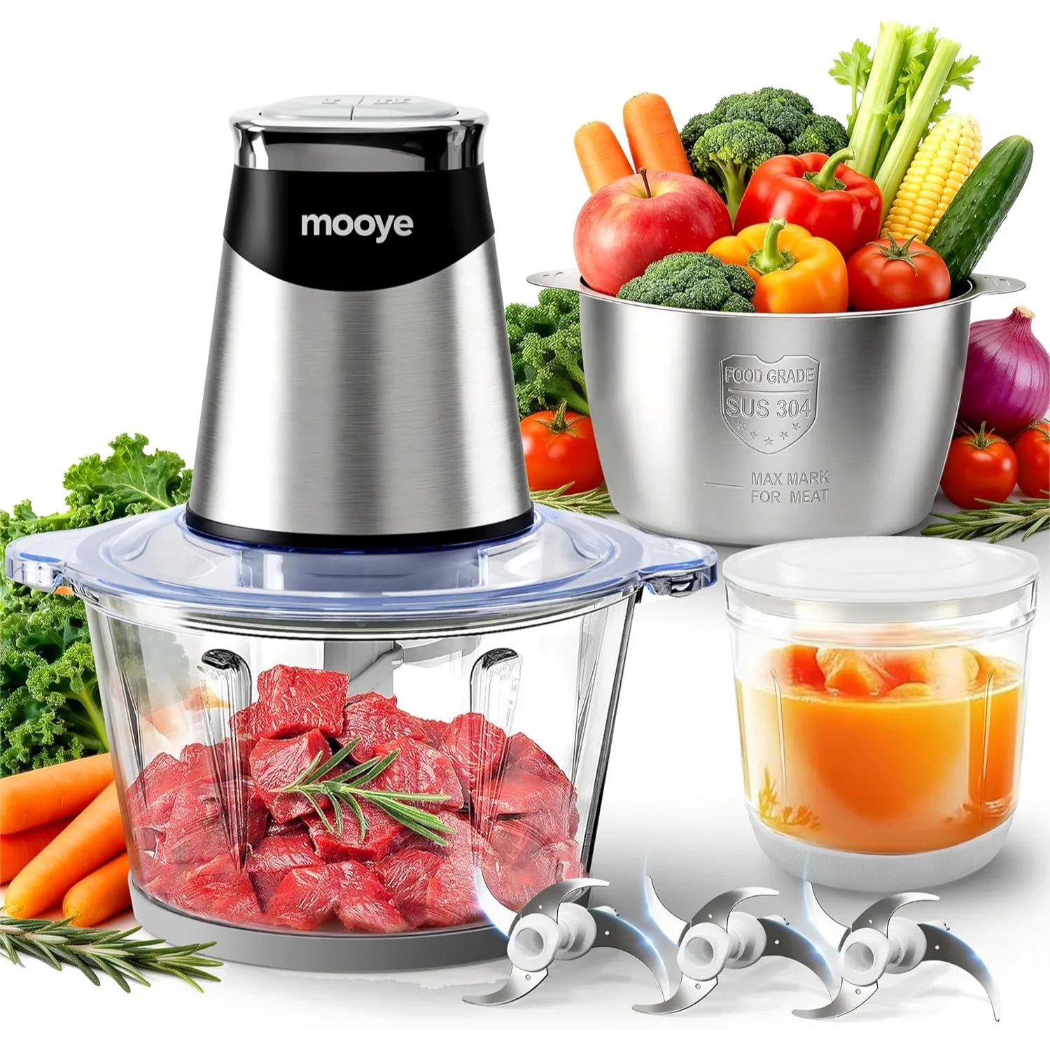 

Electric Food Chopper with Meat Grinder & Vegetable Chopper - 3 Bowls (8Cup+8Cup+3Cup) Powerful Copper Motor - 3 Sets of Blades