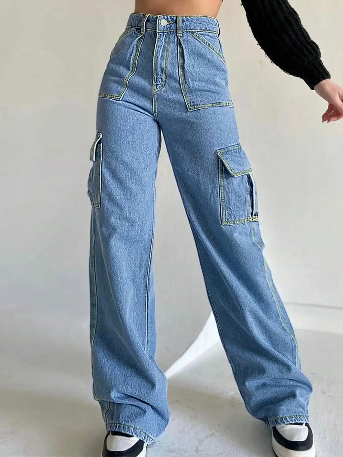 Women's High  Waisted Wide  Leg Cargo Jeans 2025 Trendy Contrast Stitch Button  Front Non  Ripped Denim Fabric Full  Length Pant