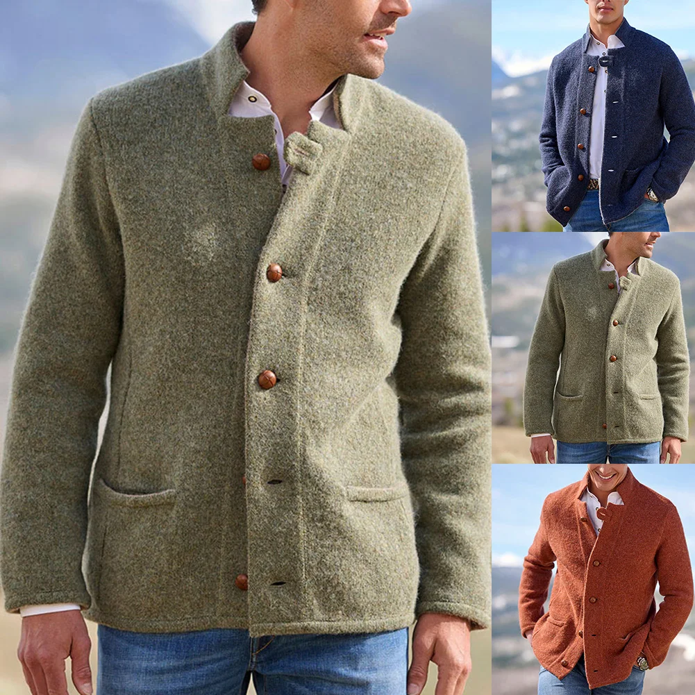 

Men Solid Mid-length Cardigan Jacket Slim Fit Button Trench Coat Busines Outwear