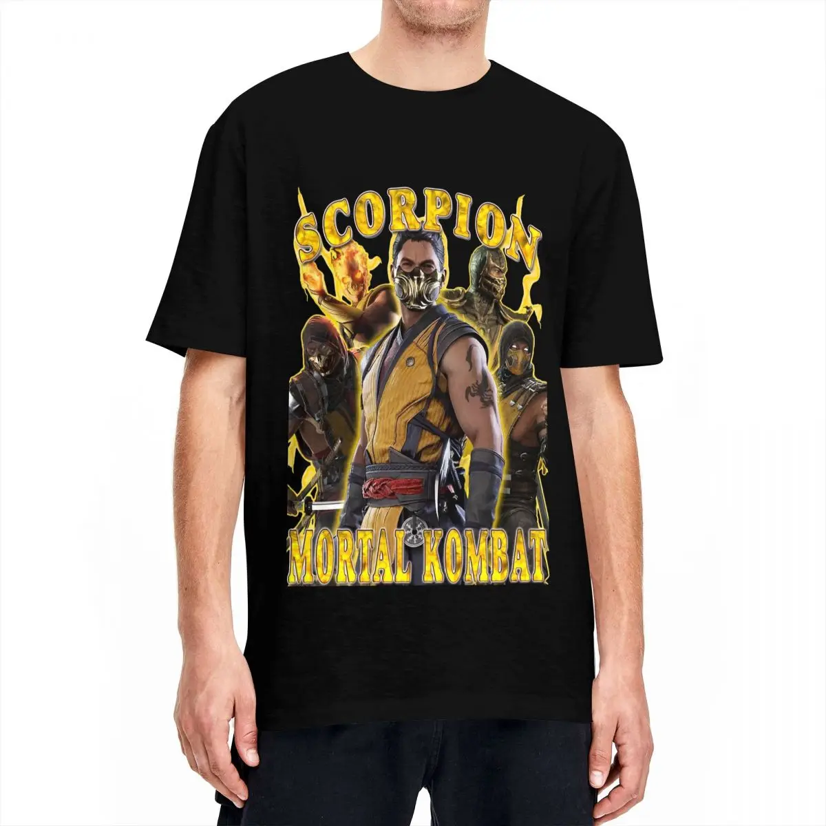 Funny Mortal Kombat Scorpion MK T-Shirt Men's Round Neck Short Sleeve Clothing Cotton Top Tee