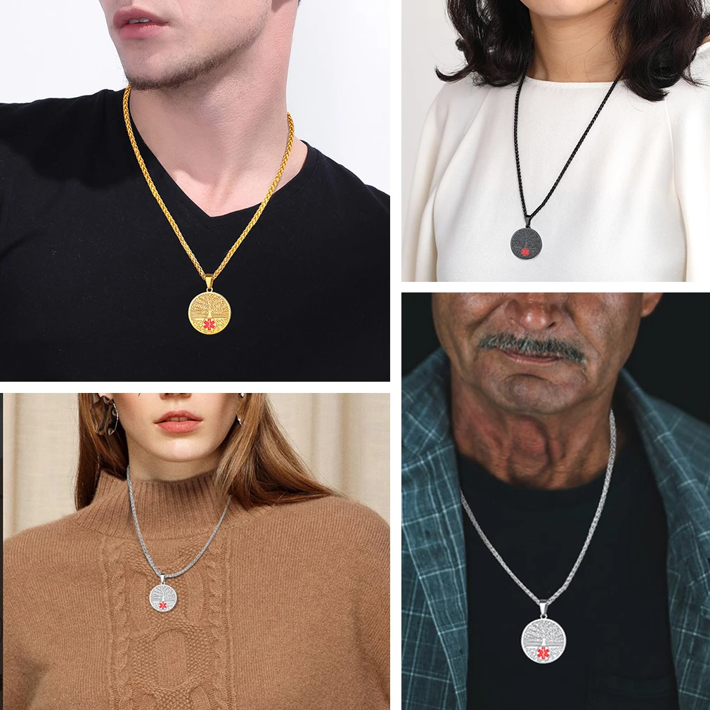 U7 Custom Text Engrave Medical Alert ID Necklaces for Man Woman 316L Stainless Steel First Aid Medical Info Allergy Jewelry Gift