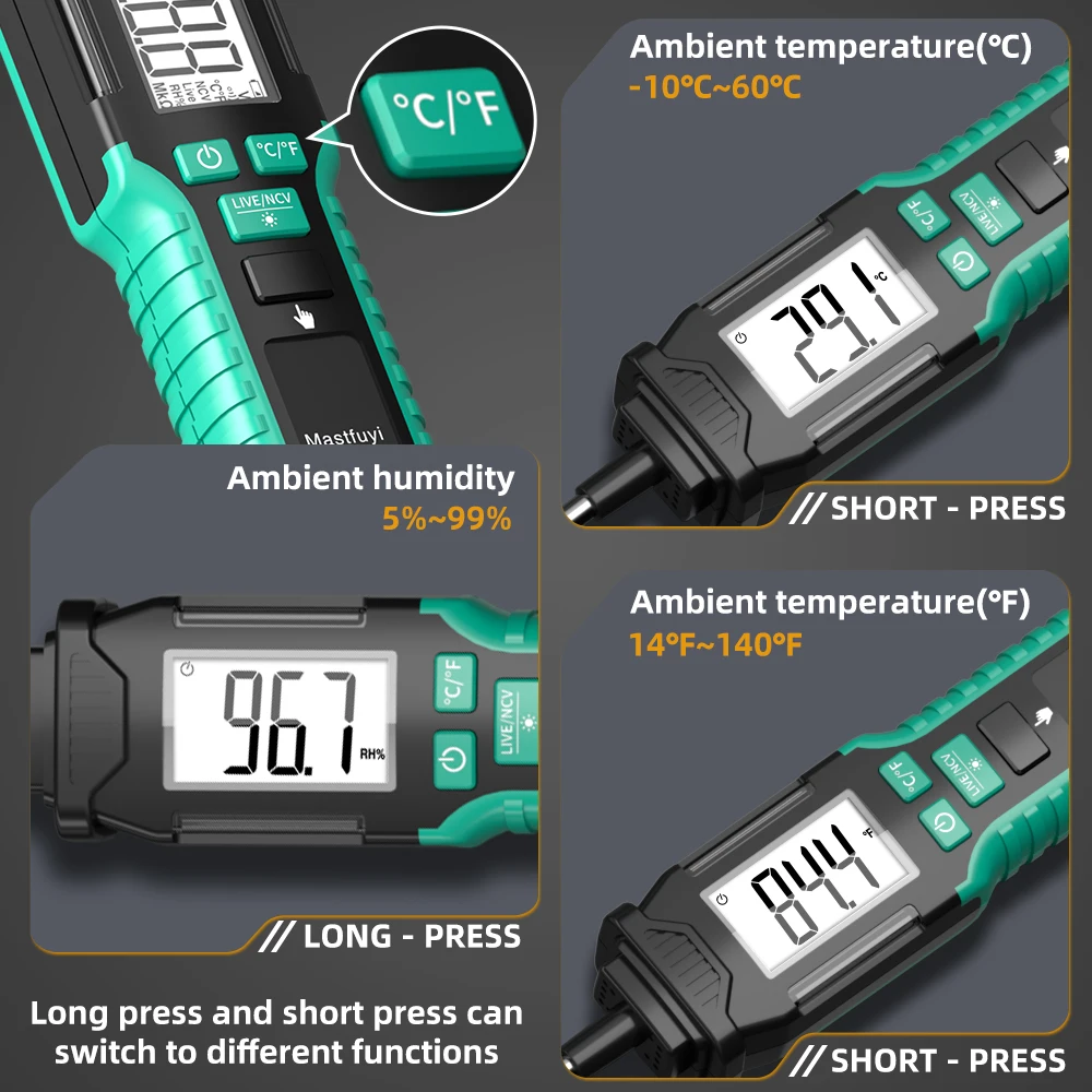 MASTFUYI-Détecteur de tension domestique, détecteur de température et d'humidité, stylo de détection d'électricien, testeur de tension AC, 12-300V, alarme NCV