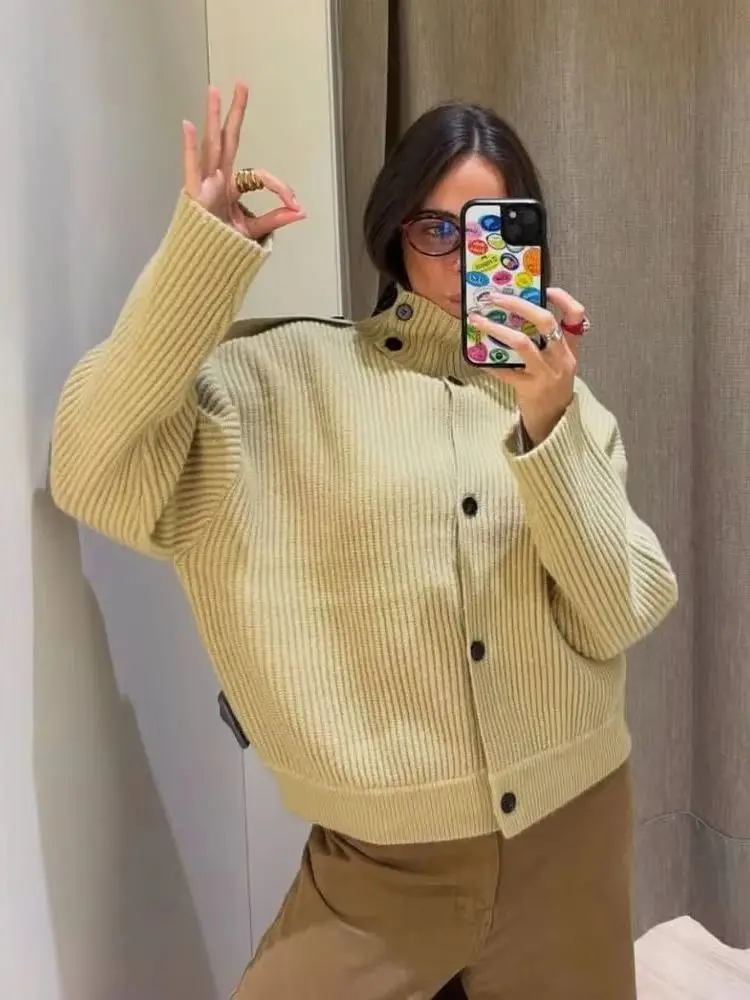 

HH Woman Autumn Lapel Loose Street Style Fashion Knit Cardigans Women Chic Long Sleeve Single Breasted Pocket Decoration Coats