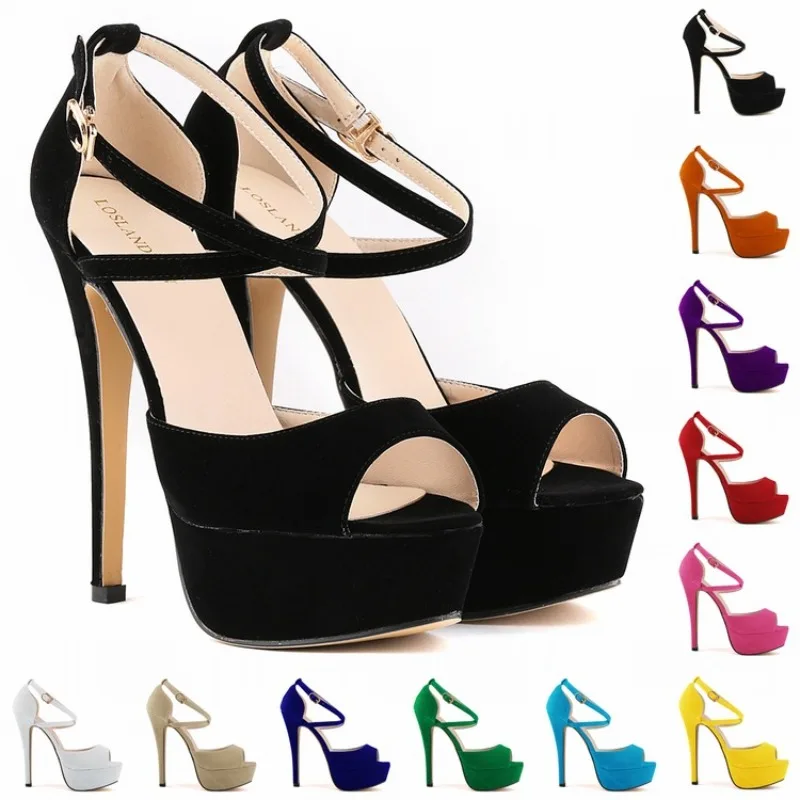 

2025 Women Sandals Flannel 14CM Platform Ultra-thin High-heeled Sexy Buckle Strap Open Toe Pumps Nightclub Women Shoes Plus Size