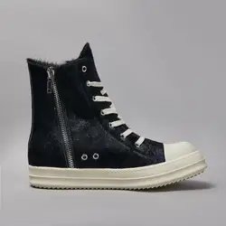Brand Casual Women Shoe Horse Fur Leather Roman Men Sneaker Black High Top Lace Up Quality Designer Fashion Flat Thick-sole Shoe