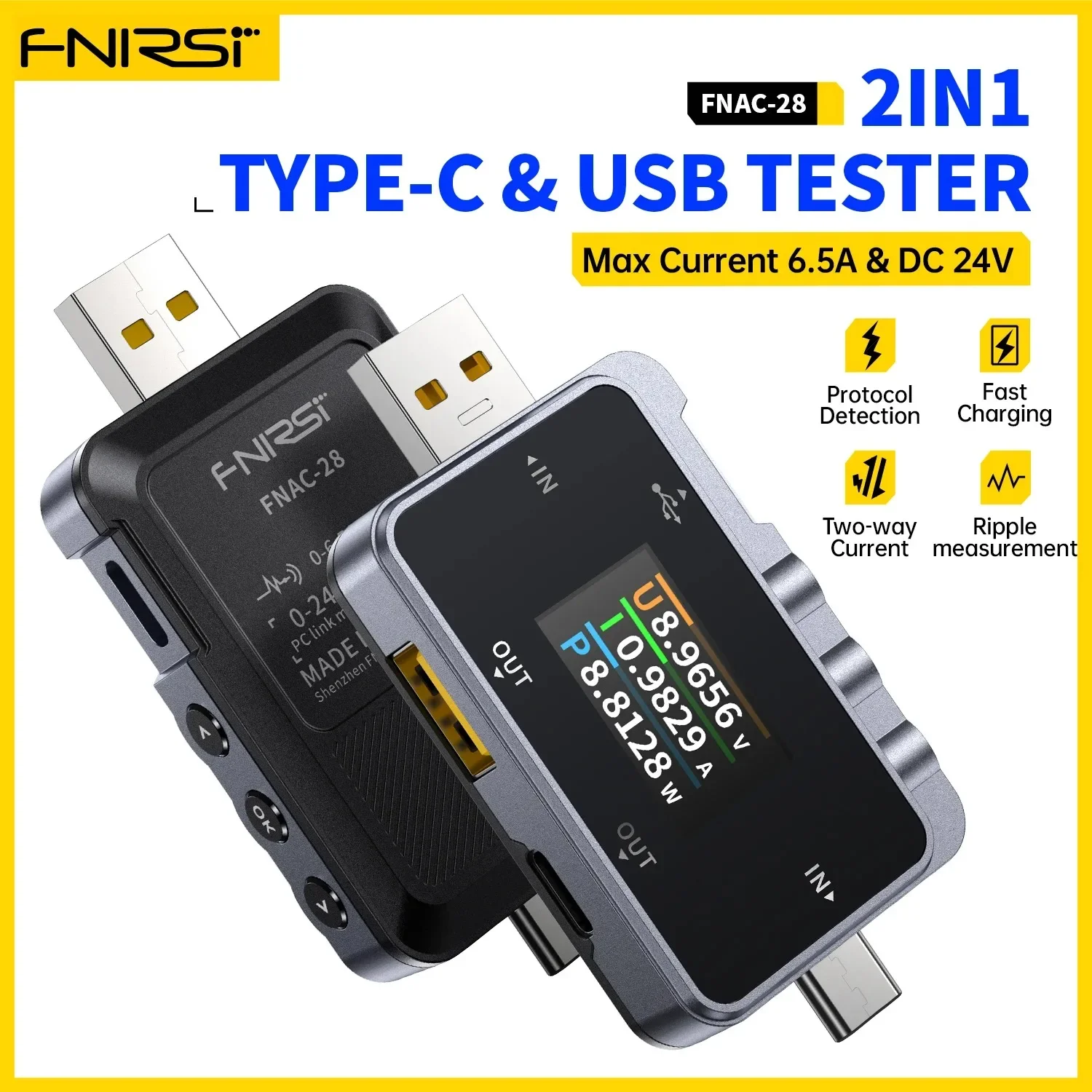 FNIRSI FNAC - جهاز اختبار USB 28 من النوع C - أداة 2 في 1، 6.5 أمبير، لقياس الجهد الرقمي والتيار، اختبار الكابل والشاحن