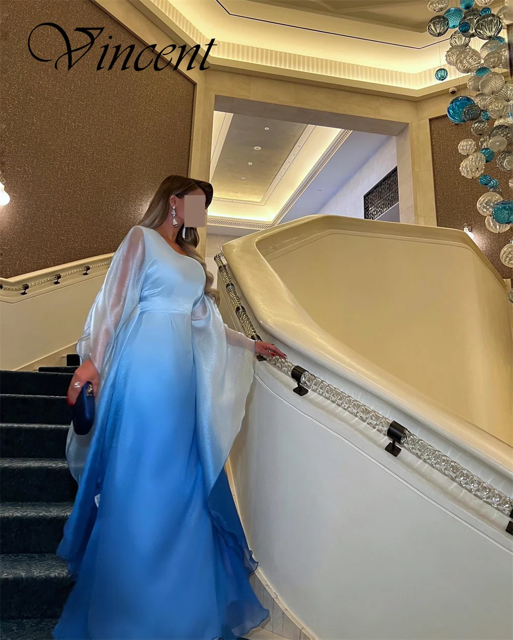 Personalizado requintado azul chiffon vestido de noite temperamento vestido de baile o pescoço mangas compridas ruched capela trem vestido de festa