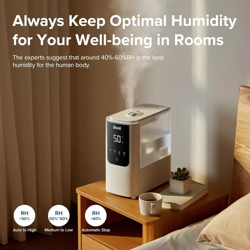 Humidificadores LEVOIT para quarto, Inteligente Umidificador de Ar Névoa Quente e Fresca para Sala Grande, Auto Umidade Personalizada