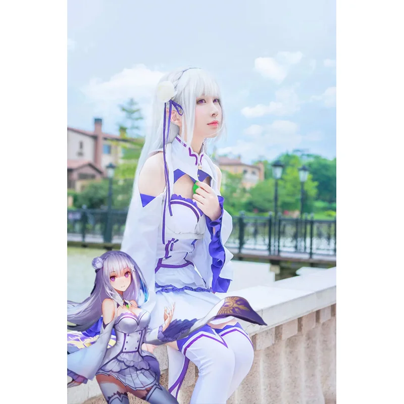 Emilia Dress Re Zero Cosplay Sets Wig Women Cosplay Dress Emilia Cosplay costume Anime Cosplay Party Halloween Party cloak wig