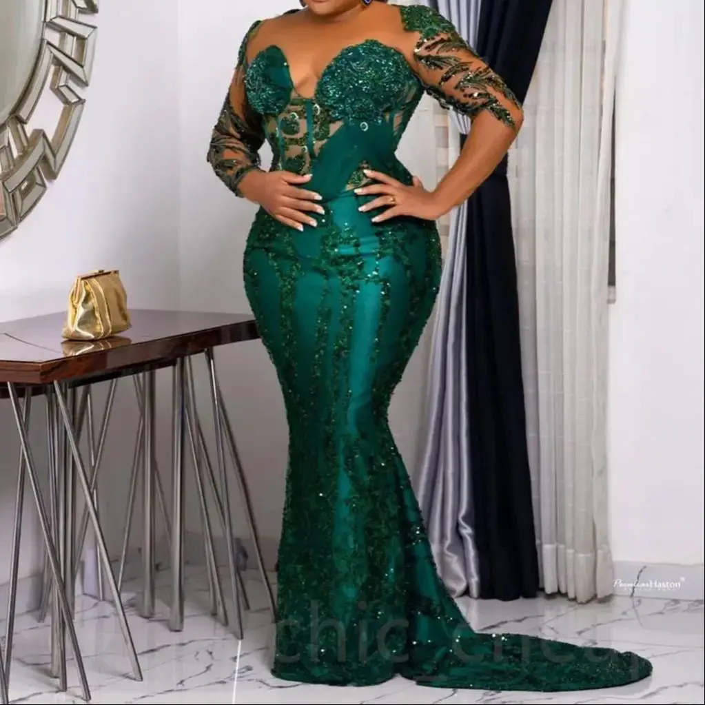 

Lace Beaded Crystals Evening Formal Party Second Reception Birthday Dress Customized Plus Size Arabic Aso Ebi Green Prom Dresses