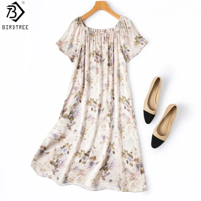 Birdtree, 19MM 100% Silk Sleep Nightgown, Women Plain Satin Short Sleeve Print Pajama Homewear Dresses, 2026 Summer New D64811JF